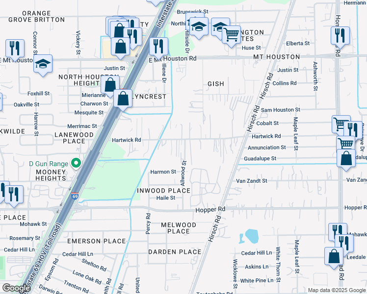 map of restaurants, bars, coffee shops, grocery stores, and more near 5200 Hartwick Road in Houston