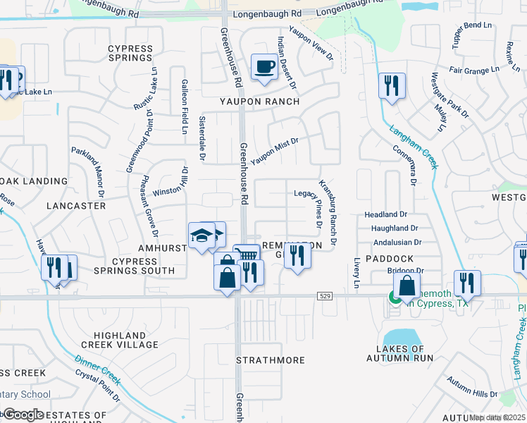 map of restaurants, bars, coffee shops, grocery stores, and more near 19123 South Whimsey Drive in Cypress