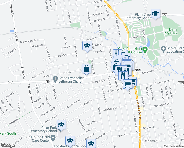 map of restaurants, bars, coffee shops, grocery stores, and more near 116 North Nueces Street in Lockhart