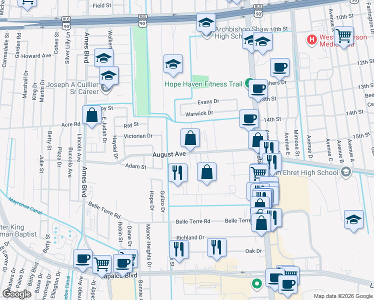 map of restaurants, bars, coffee shops, grocery stores, and more near 1540 Stella Place in Marrero