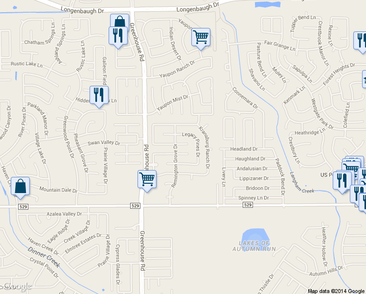 map of restaurants, bars, coffee shops, grocery stores, and more near 19027 South Whimsey Drive in Cypress