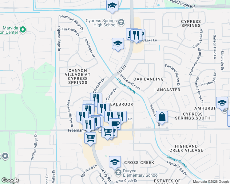 map of restaurants, bars, coffee shops, grocery stores, and more near 7331 Curlew Drive in Cypress