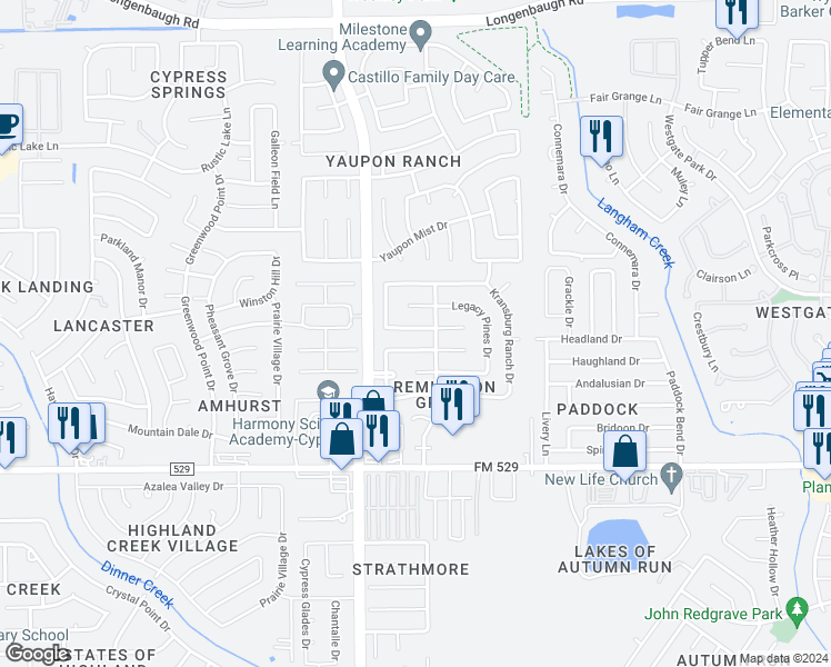 map of restaurants, bars, coffee shops, grocery stores, and more near 19123 South Whimsey Drive in Cypress
