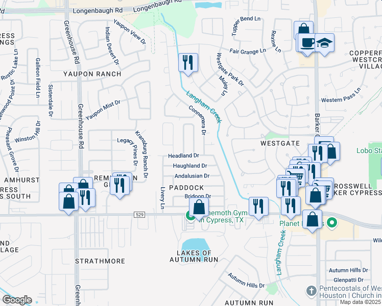 map of restaurants, bars, coffee shops, grocery stores, and more near 7407 Epsom Downs Drive in Cypress