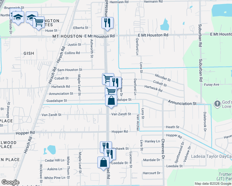 map of restaurants, bars, coffee shops, grocery stores, and more near 11330 Homestead Road in Houston