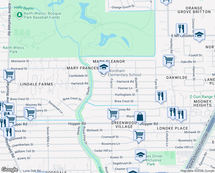 map of restaurants, bars, coffee shops, grocery stores, and more near 3011 Havner Lane in Houston