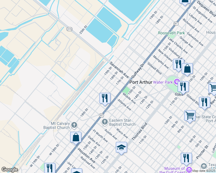 map of restaurants, bars, coffee shops, grocery stores, and more near 916 18th Street in Port Arthur