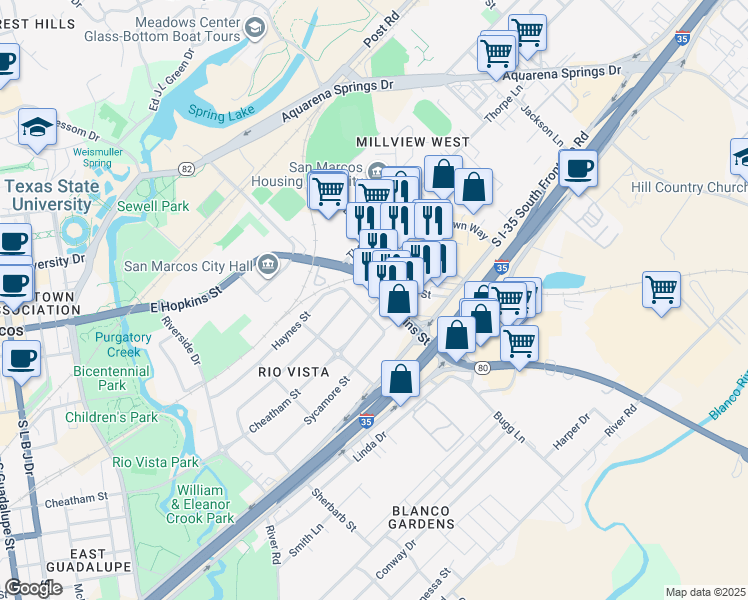 map of restaurants, bars, coffee shops, grocery stores, and more near 660 East Hopkins Street in San Marcos