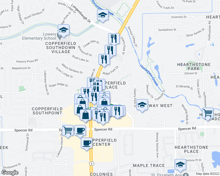 map of restaurants, bars, coffee shops, grocery stores, and more near 7323 Stone Valley Drive in Houston