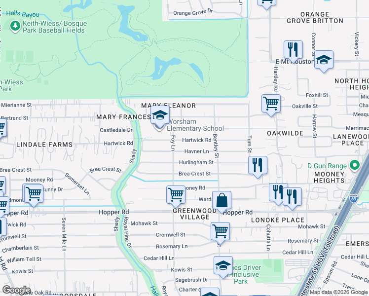 map of restaurants, bars, coffee shops, grocery stores, and more near 3119 Havner Lane in Houston