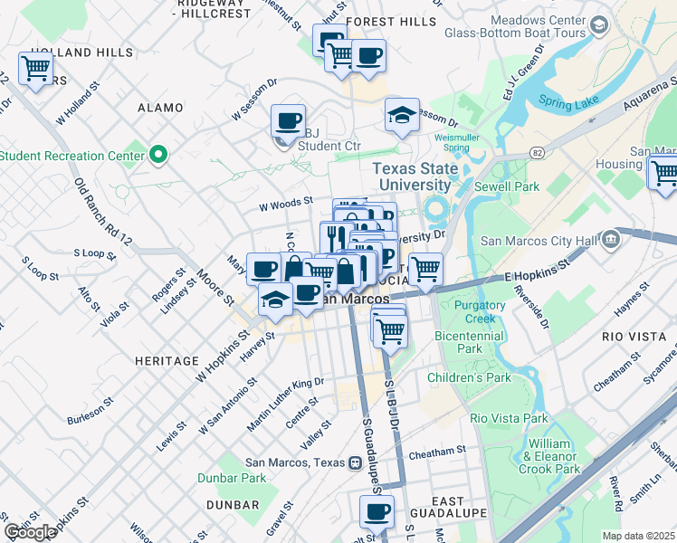 map of restaurants, bars, coffee shops, grocery stores, and more near 115 East Hutchison Street in San Marcos
