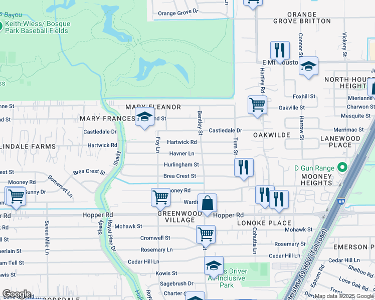 map of restaurants, bars, coffee shops, grocery stores, and more near 3303 Havner Lane in Houston