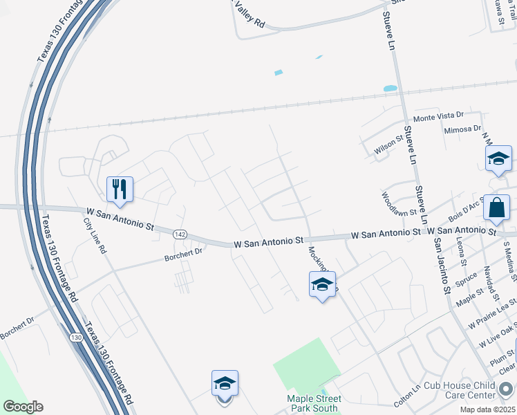 map of restaurants, bars, coffee shops, grocery stores, and more near 215 Windridge Drive in Lockhart