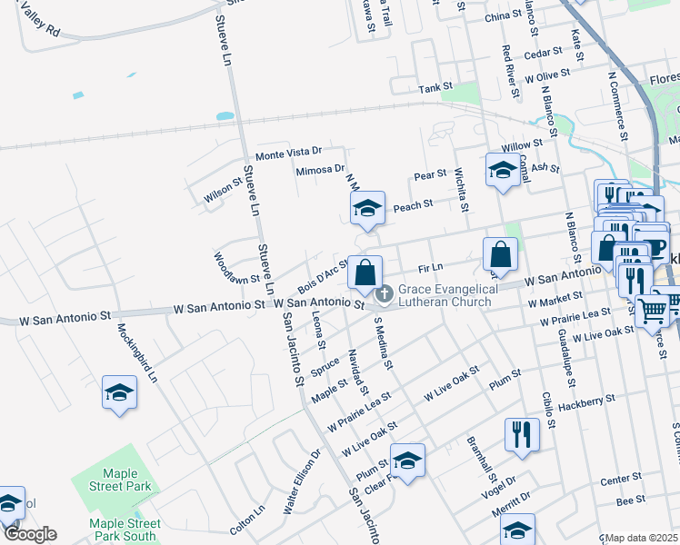 map of restaurants, bars, coffee shops, grocery stores, and more near 1014 Bois D'Arc Street in Lockhart