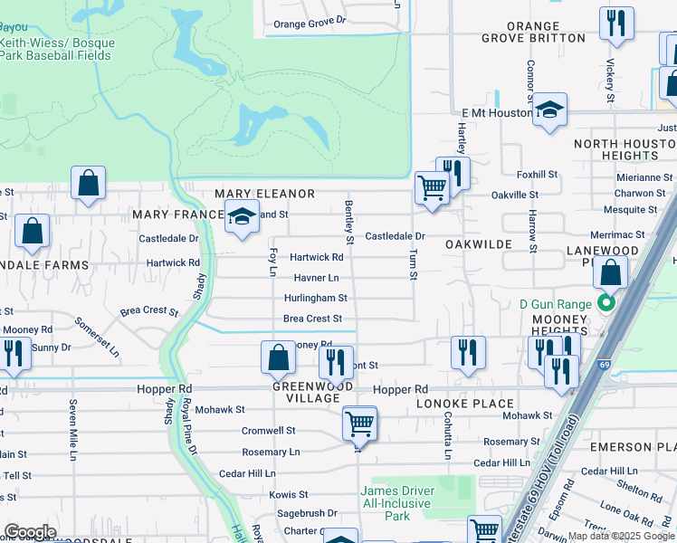 map of restaurants, bars, coffee shops, grocery stores, and more near 3303 Havner Lane in Houston