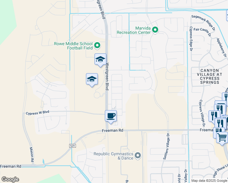 map of restaurants, bars, coffee shops, grocery stores, and more near 21314 Cypress Red Oak Drive in Cypress