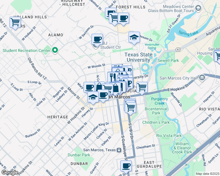 map of restaurants, bars, coffee shops, grocery stores, and more near 115 East Hutchison Street in San Marcos