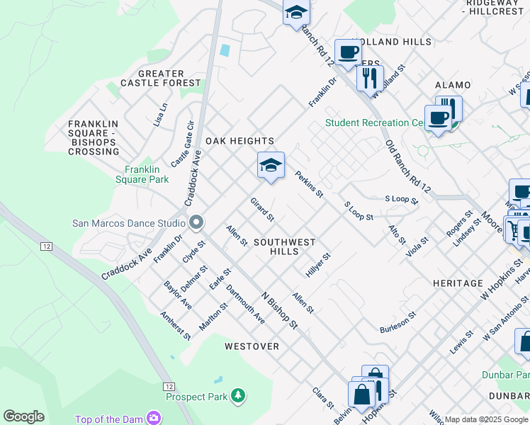 map of restaurants, bars, coffee shops, grocery stores, and more near 1211 Girard Street in San Marcos