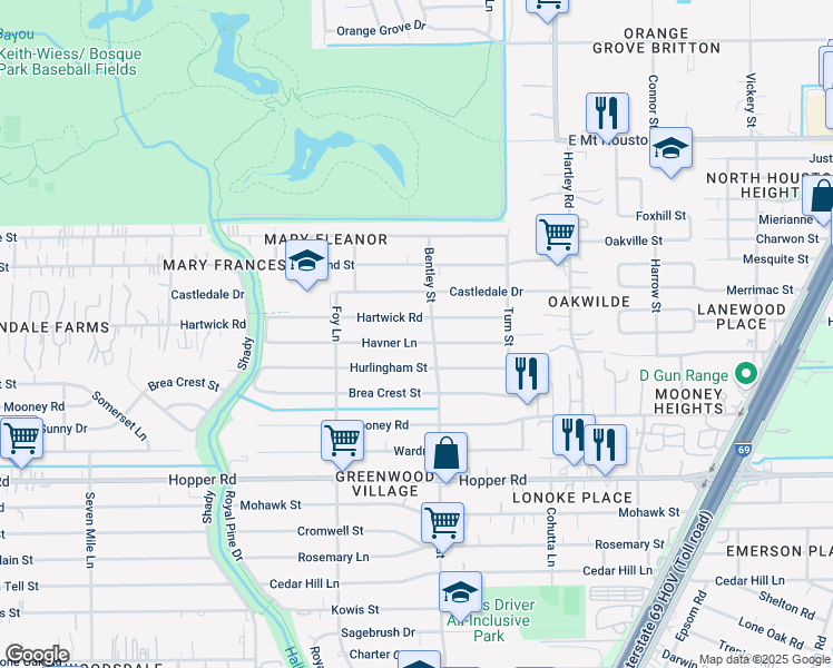 map of restaurants, bars, coffee shops, grocery stores, and more near 3303 Havner Lane in Houston