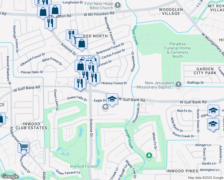 map of restaurants, bars, coffee shops, grocery stores, and more near 5714 West Gulf Bank Road in Houston