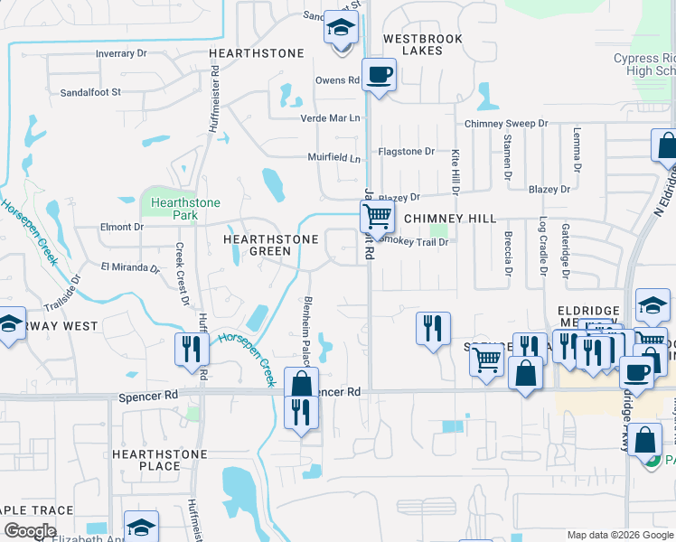 map of restaurants, bars, coffee shops, grocery stores, and more near 14111 South Suddley Castle Street in Houston