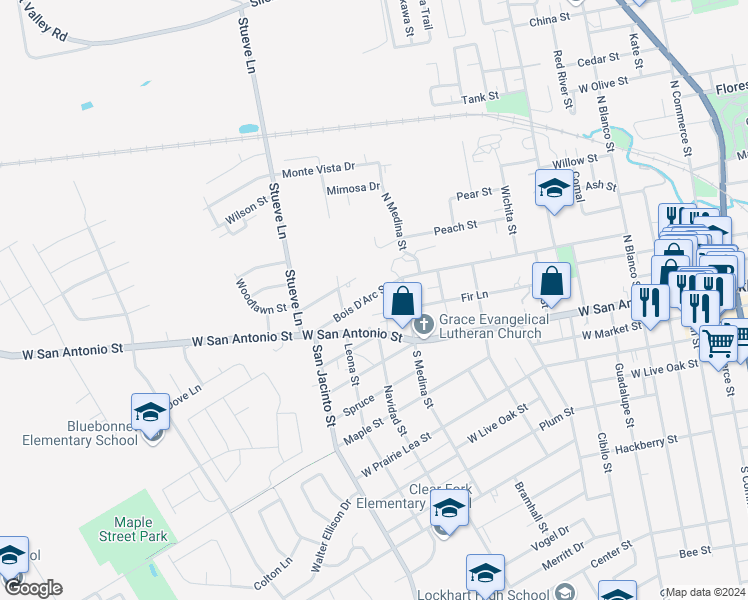 map of restaurants, bars, coffee shops, grocery stores, and more near 1014 Bois D'Arc Street in Lockhart