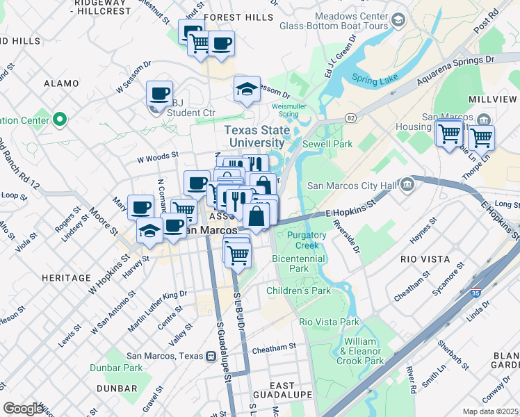 map of restaurants, bars, coffee shops, grocery stores, and more near 225 North C M Allen Parkway in San Marcos