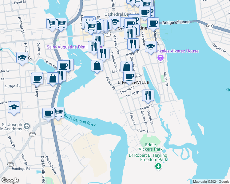 map of restaurants, bars, coffee shops, grocery stores, and more near 218 Riberia Street in St. Augustine