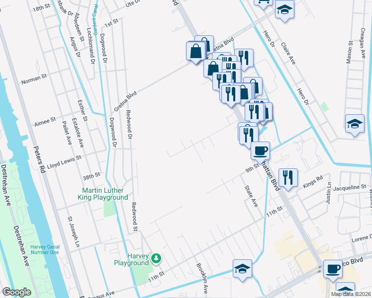 map of restaurants, bars, coffee shops, grocery stores, and more near 1913 Mathis Avenue in Harvey