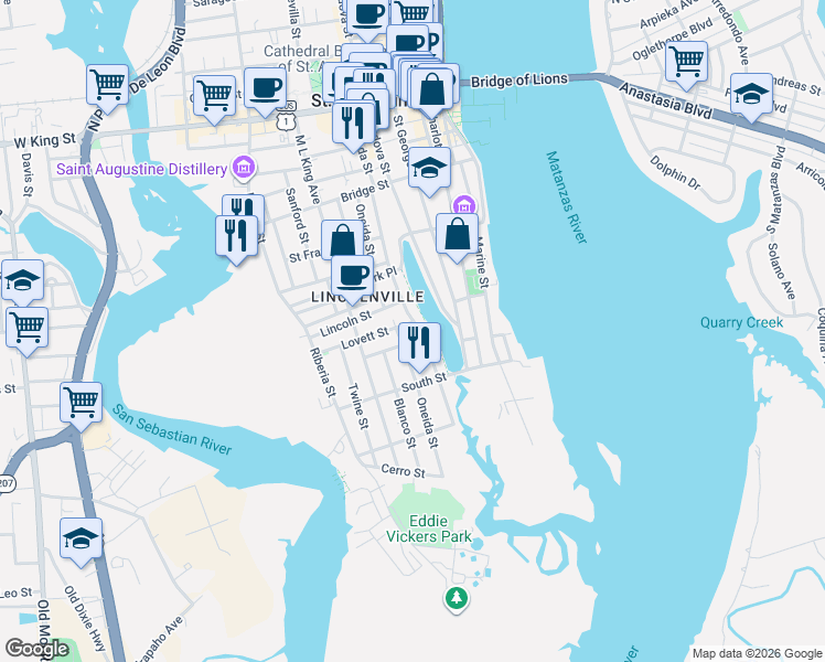 map of restaurants, bars, coffee shops, grocery stores, and more near 136 Washington Street in St. Augustine