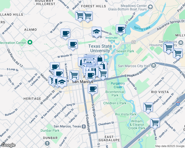 map of restaurants, bars, coffee shops, grocery stores, and more near 212 East Hutchison Street in San Marcos