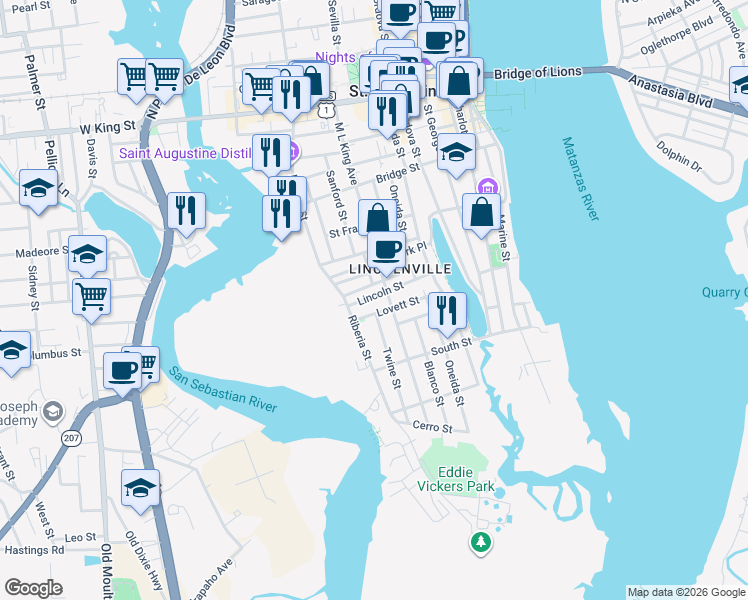 map of restaurants, bars, coffee shops, grocery stores, and more near 109 Lincoln Street in St. Augustine