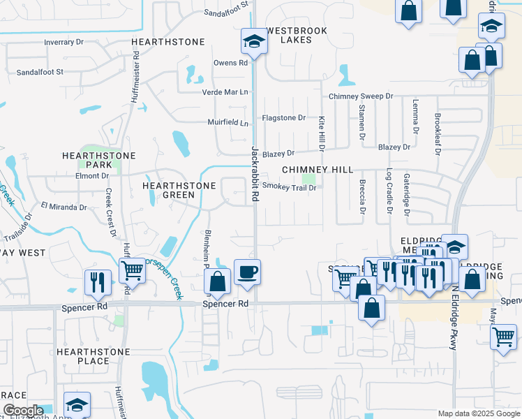 map of restaurants, bars, coffee shops, grocery stores, and more near 7319 Andiron Circle in Houston