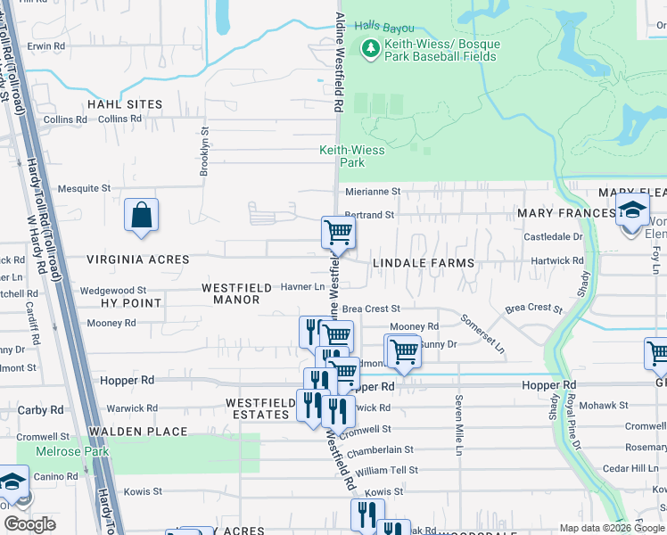 map of restaurants, bars, coffee shops, grocery stores, and more near 11833 Aldine Westfield Road in Houston