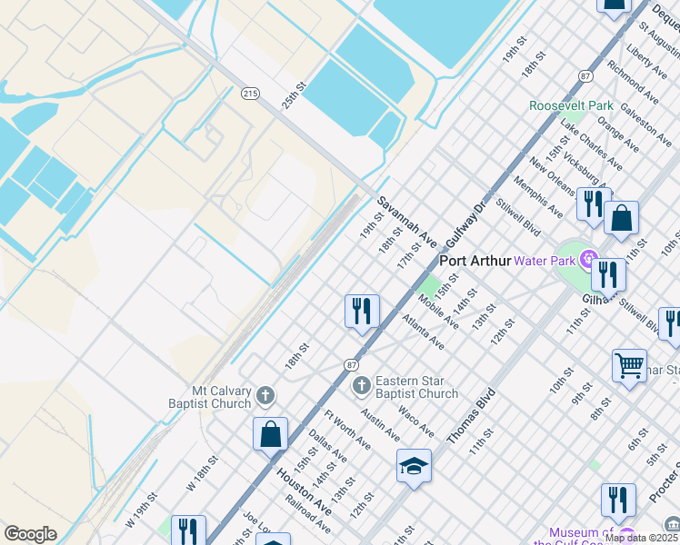 map of restaurants, bars, coffee shops, grocery stores, and more near 834 19th Street in Port Arthur