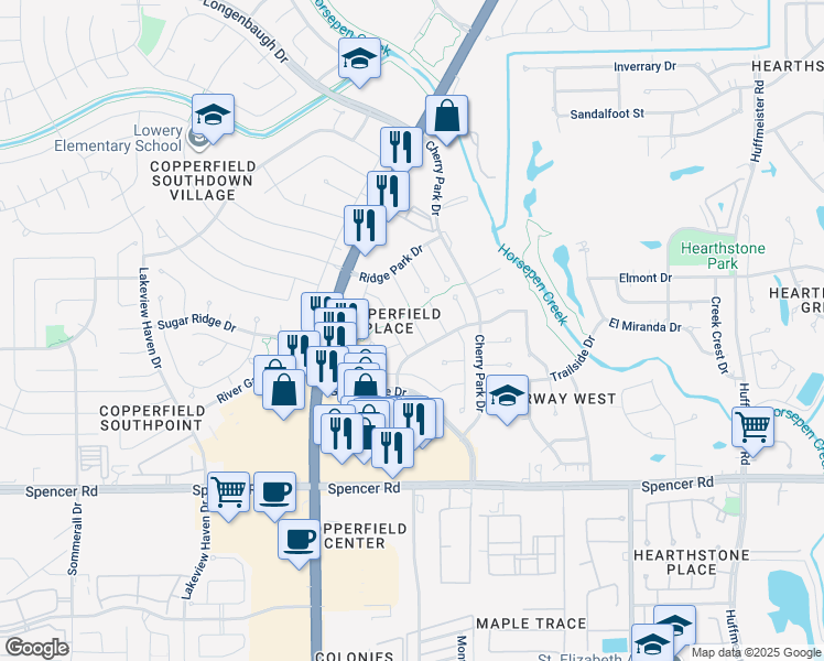map of restaurants, bars, coffee shops, grocery stores, and more near 7315 Big Valley Drive in Houston