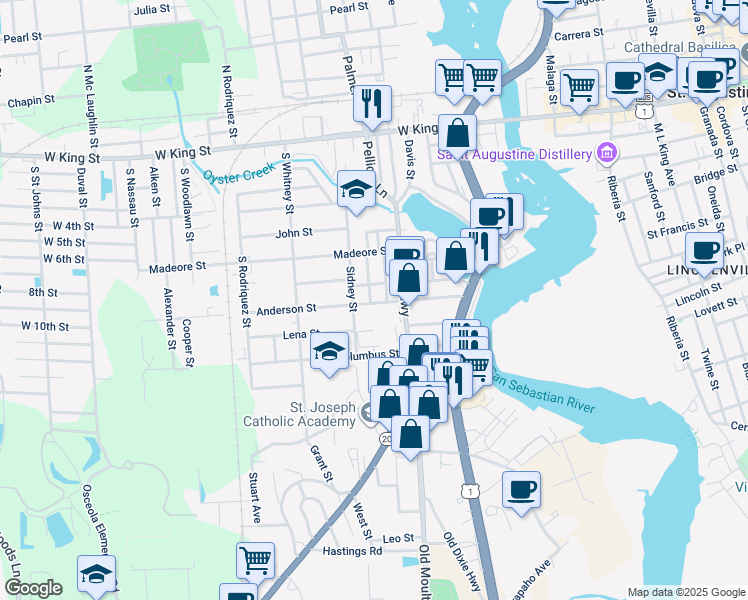 map of restaurants, bars, coffee shops, grocery stores, and more near 52 Anderson Street in Saint Augustine