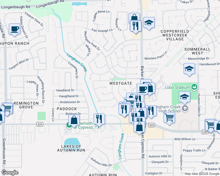 map of restaurants, bars, coffee shops, grocery stores, and more near 7223 Hollow Field Lane in Cypress