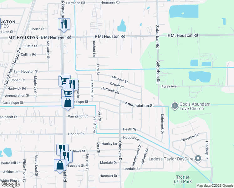 map of restaurants, bars, coffee shops, grocery stores, and more near 6402 Hartwick Road in Houston