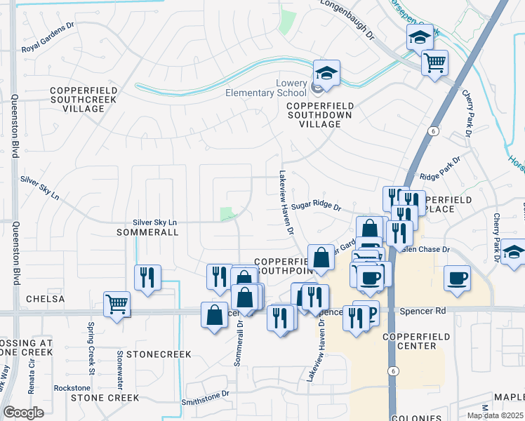 map of restaurants, bars, coffee shops, grocery stores, and more near 16031 Sugar Ridge Drive in Houston
