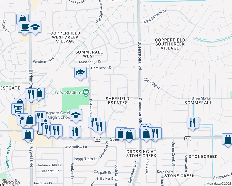 map of restaurants, bars, coffee shops, grocery stores, and more near 7315 April Creek Lane in Houston
