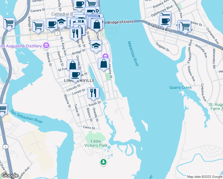 map of restaurants, bars, coffee shops, grocery stores, and more near 136 Marine Street in St. Augustine