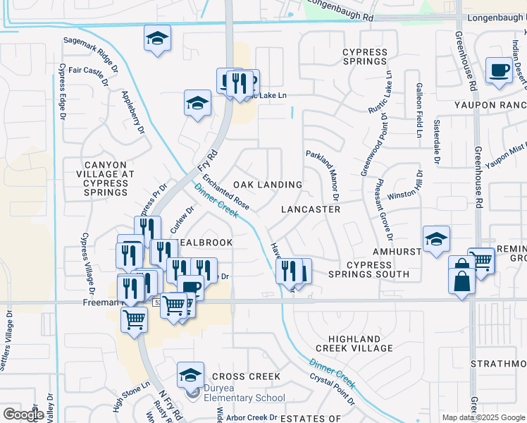 map of restaurants, bars, coffee shops, grocery stores, and more near 7406 Oakwood Canyon Drive in Cypress