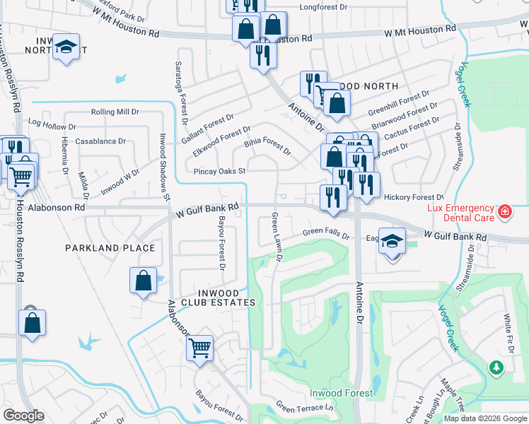 map of restaurants, bars, coffee shops, grocery stores, and more near 8051 Zimmermann Drive in Houston