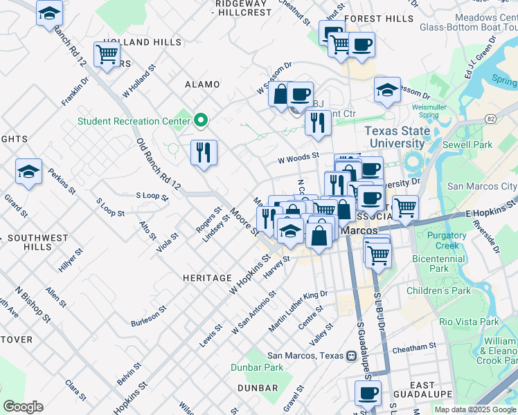 map of restaurants, bars, coffee shops, grocery stores, and more near 428 Burleson Street in San Marcos