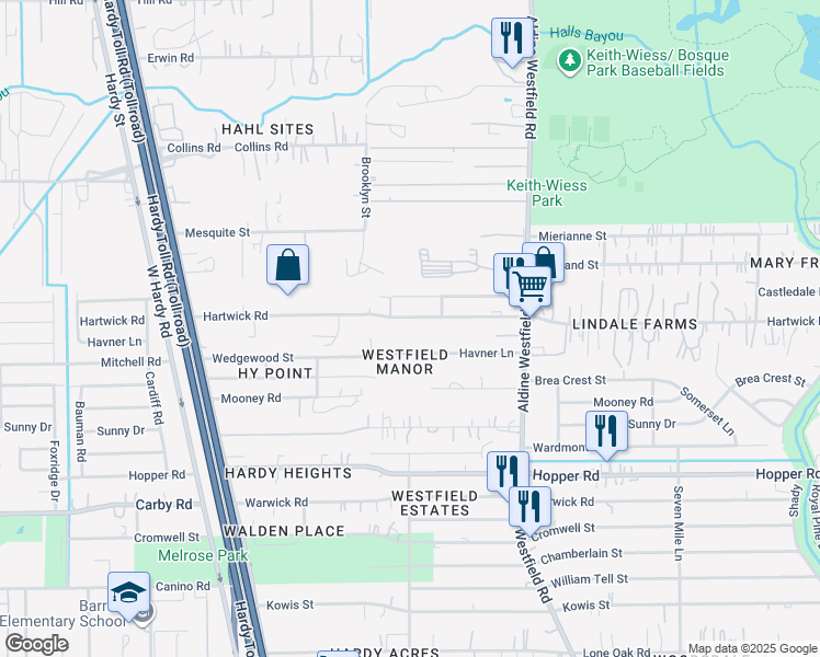 map of restaurants, bars, coffee shops, grocery stores, and more near 1720 Hartwick Road in Houston