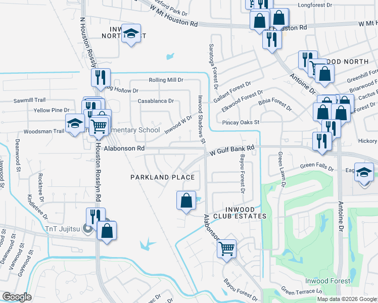 map of restaurants, bars, coffee shops, grocery stores, and more near 6538 Jasmine Arbor Lane in Houston
