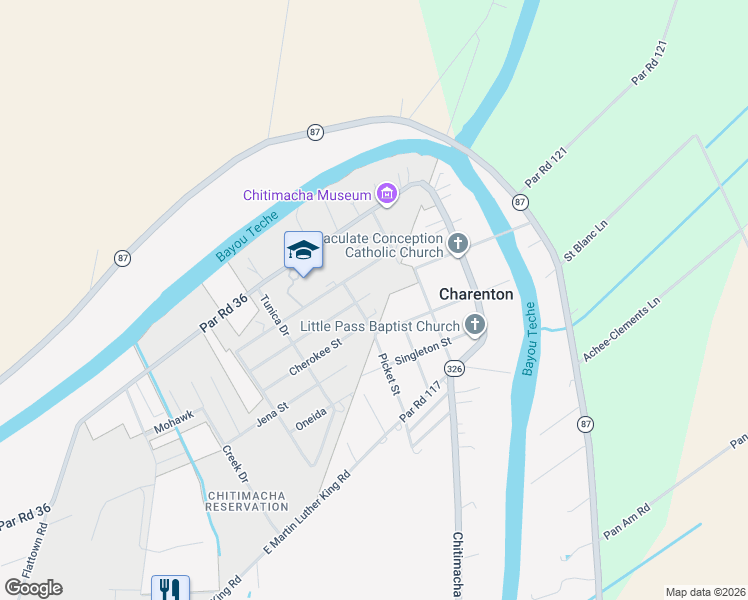 map of restaurants, bars, coffee shops, grocery stores, and more near 231 Choctaw Street in Jeanerette