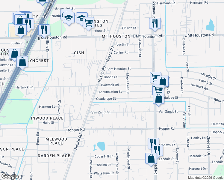 map of restaurants, bars, coffee shops, grocery stores, and more near 5609 Annunciation Street in Houston
