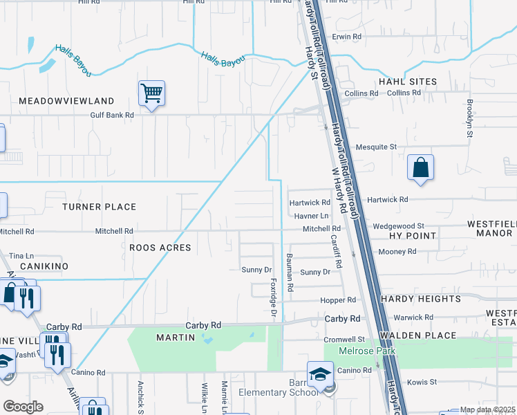 map of restaurants, bars, coffee shops, grocery stores, and more near 1122 Hartwick Road in Houston